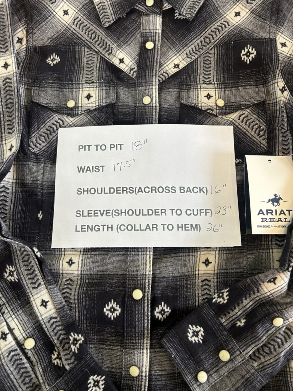 Ariat Aztec Black and Cream Plaid Thunderstorm Flannel Fitted Pearl Snap Shirt - Picture 10 of 10